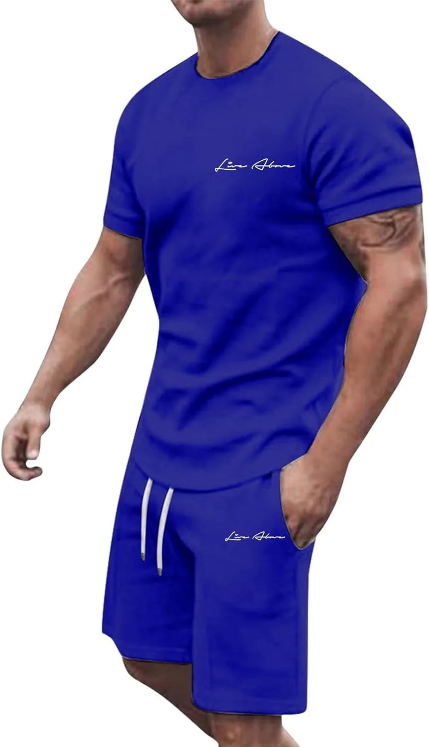 2 Piece Set for Men Mens Outfits Short Sleeve Athletic Sweatsuit Summer Tracksuit Sets Workout Tops Sportwear