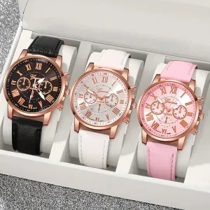 3-Pieces: Roman Quartz Women's Watches - Fashionable Round Dial with Faux Leather Strap