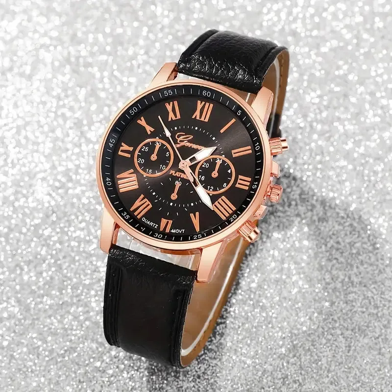 3-Pieces: Roman Quartz Women's Watches - Fashionable Round Dial with Faux Leather Strap