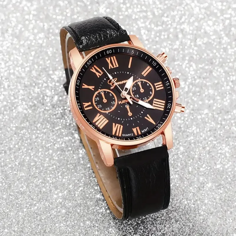 3-Pieces: Roman Quartz Women's Watches - Fashionable Round Dial with Faux Leather Strap