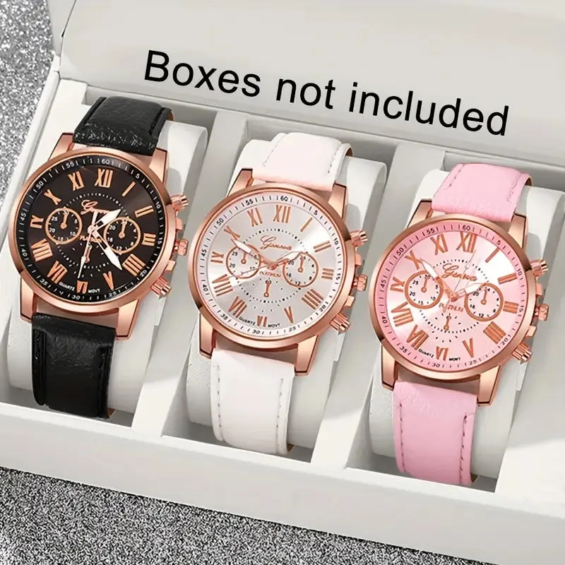 3-Pieces: Roman Quartz Women's Watches - Fashionable Round Dial with Faux Leather Strap