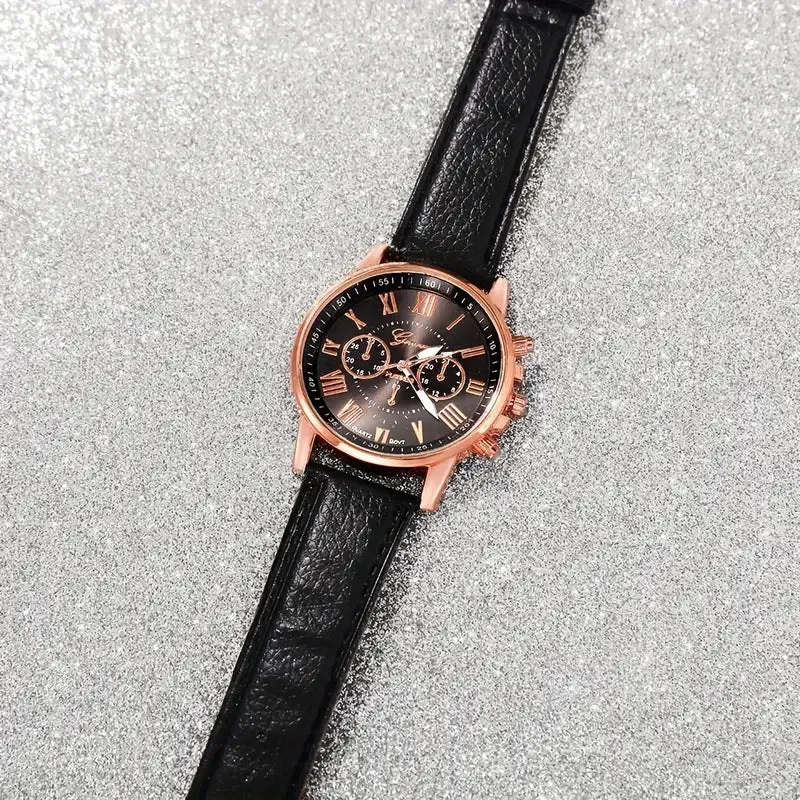 3-Pieces: Roman Quartz Women's Watches - Fashionable Round Dial with Faux Leather Strap