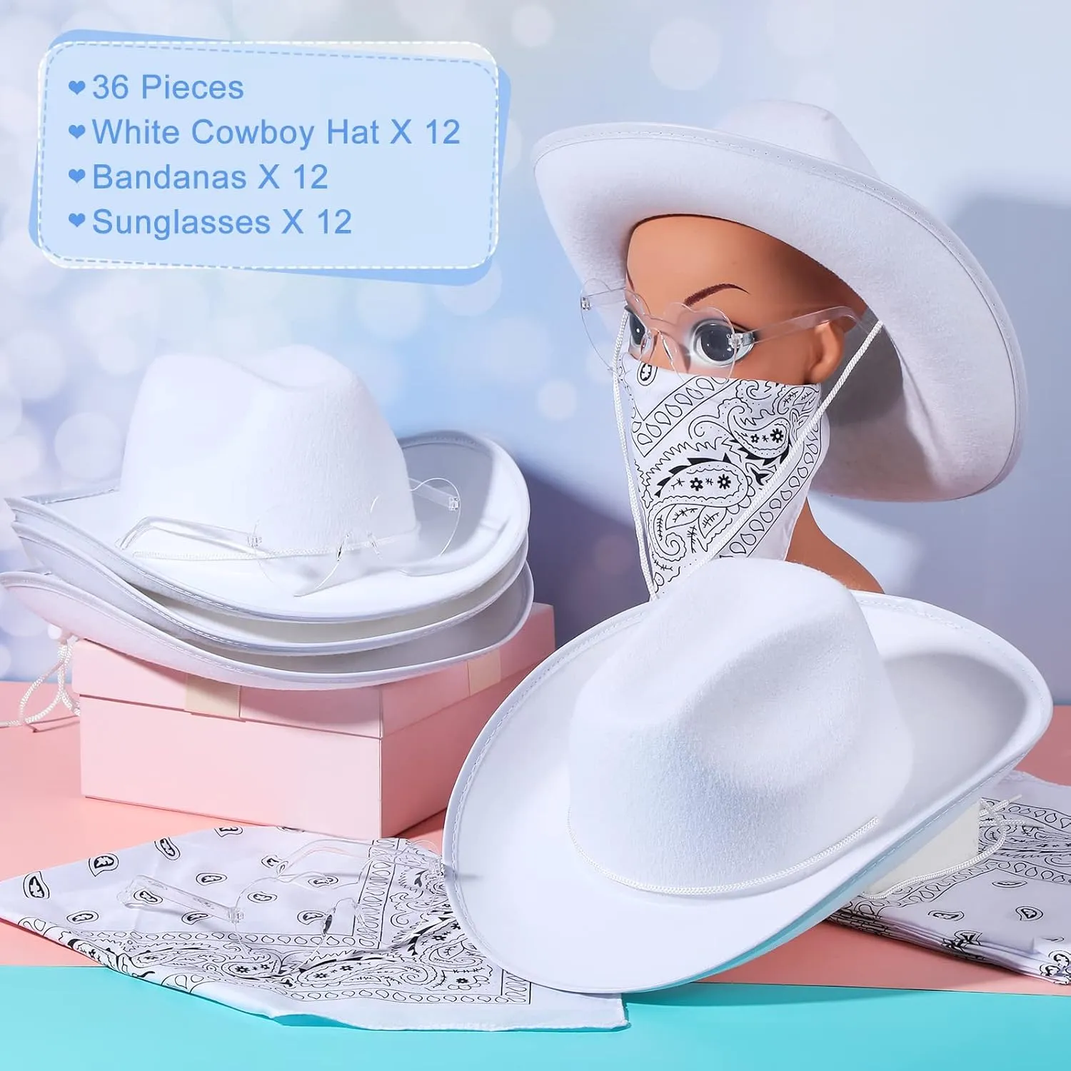 36 Pieces Adult Cowboy Hat with Bandanna Heart Sunglasses Unisex Felt Cowboy Hat Men Women Western Party Costume