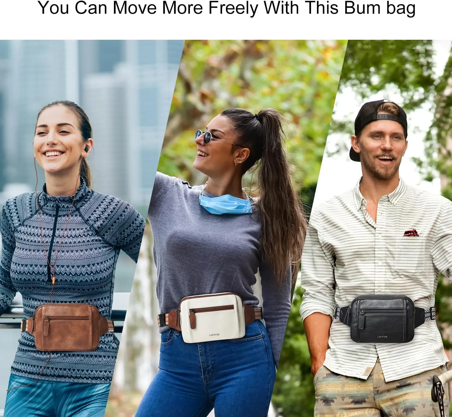 3L TRIPLE ZIP Fanny Packs Belt Bag For Women Men Crossbody Waist Pack Sling Chest Bum Travel Bag Purse Faux Leather Fashion Cute Grey
