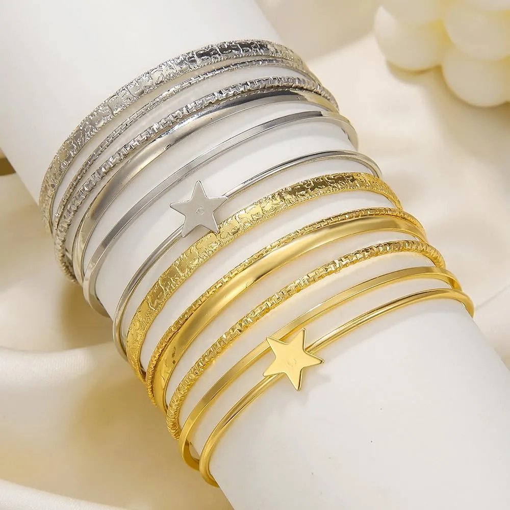 7Pcs Gold Bangle Bracelets Set for Women - Multi Layer Stackable Textured Bracelets Indian Cuff Bangles Boho Jewelry Set