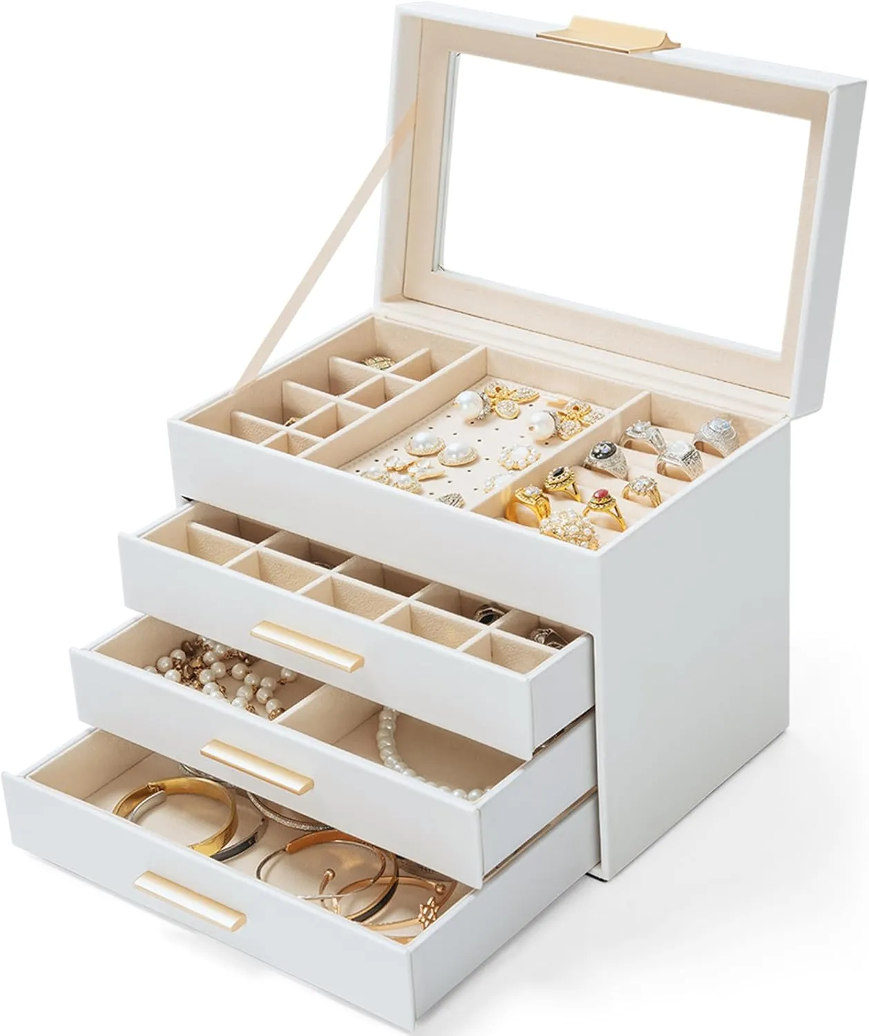 AKOZLIN 4-Tier Jewelry Box with Clear Glass Lid Functional Leather Jewelry Storage Organizer Case 3 Drawers for Women Girls Necklace Ring Bracelet Earring
