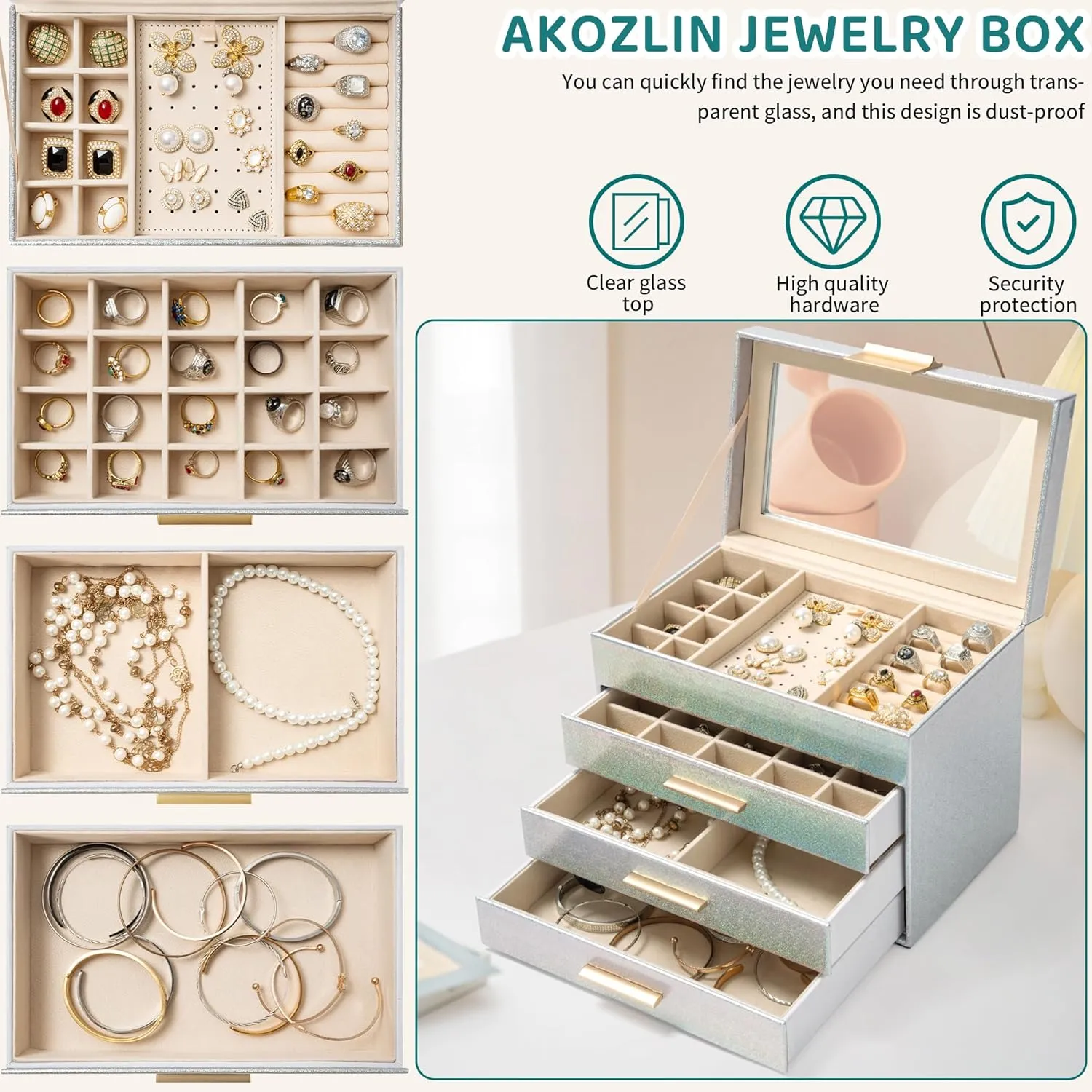 AKOZLIN 4-Tier Jewelry Box with Clear Glass Lid Functional Leather Jewelry Storage Organizer Case 3 Drawers for Women Girls Necklace Ring Bracelet Earring