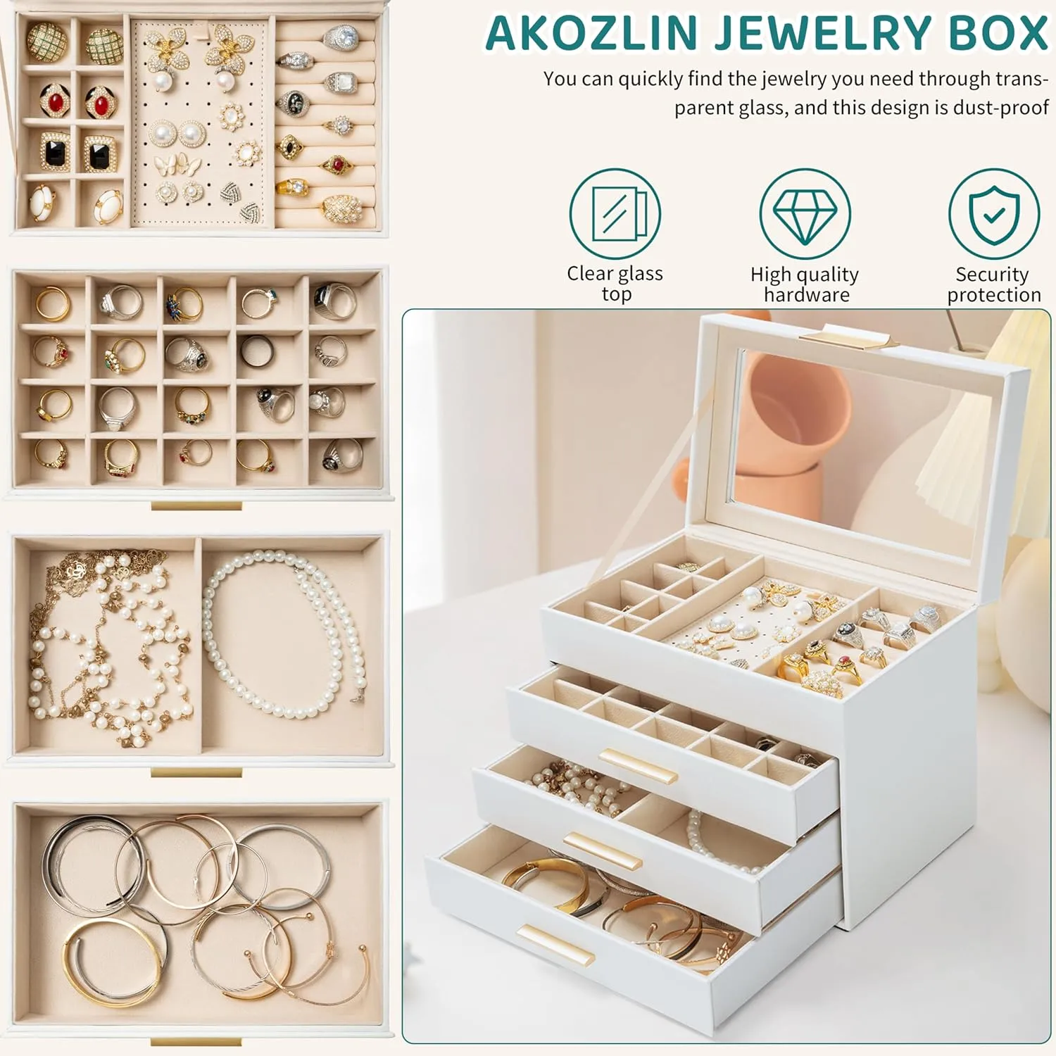 AKOZLIN 4-Tier Jewelry Box with Clear Glass Lid Functional Leather Jewelry Storage Organizer Case 3 Drawers for Women Girls Necklace Ring Bracelet Earring