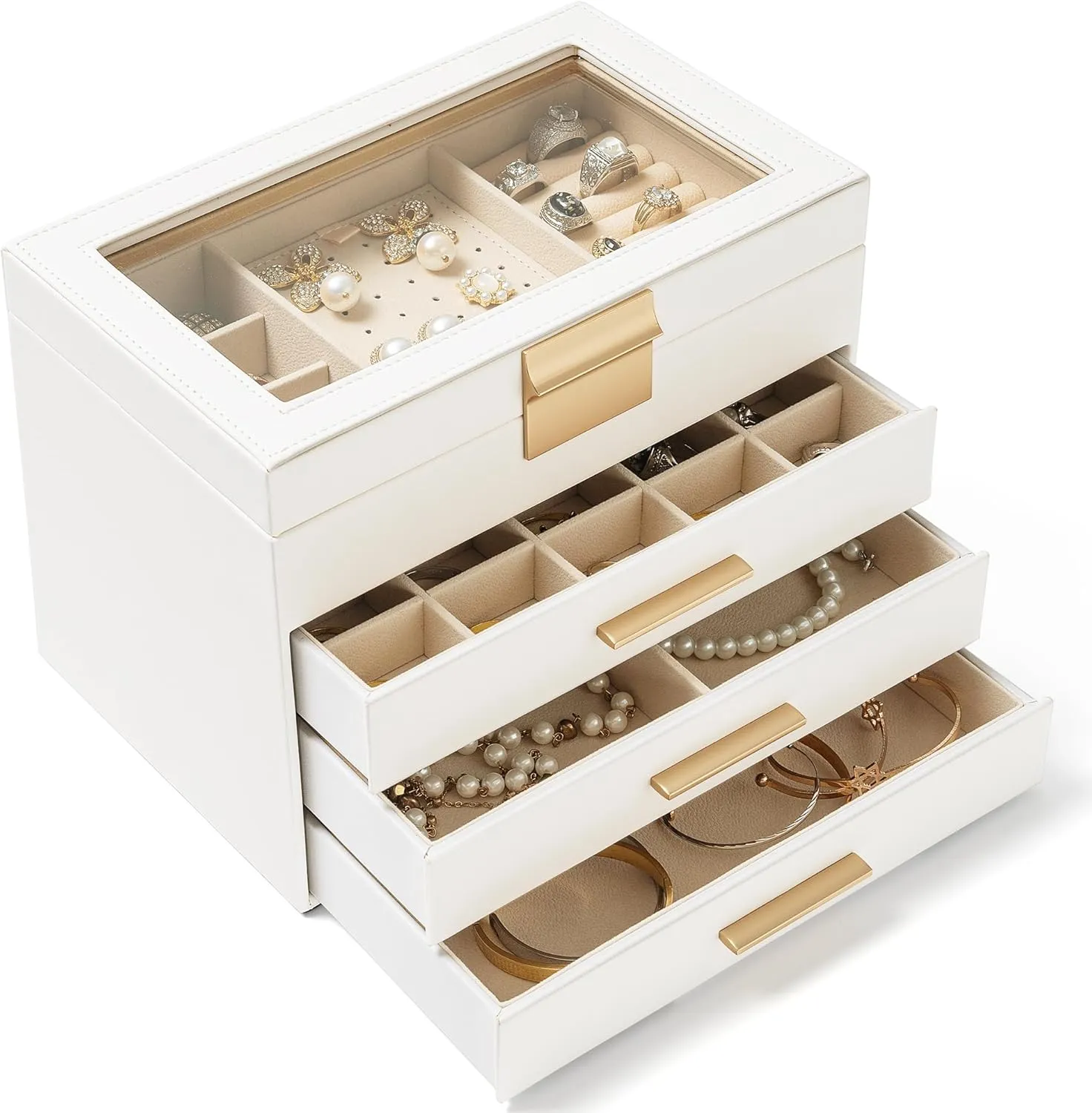 AKOZLIN 4-Tier Jewelry Box with Clear Glass Lid Functional Leather Jewelry Storage Organizer Case 3 Drawers for Women Girls Necklace Ring Bracelet Earring