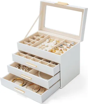 AKOZLIN 4-Tier Jewelry Box with Clear Glass Lid Functional Leather Jewelry Storage Organizer Case 3 Drawers for Women Girls Necklace Ring Bracelet Earring