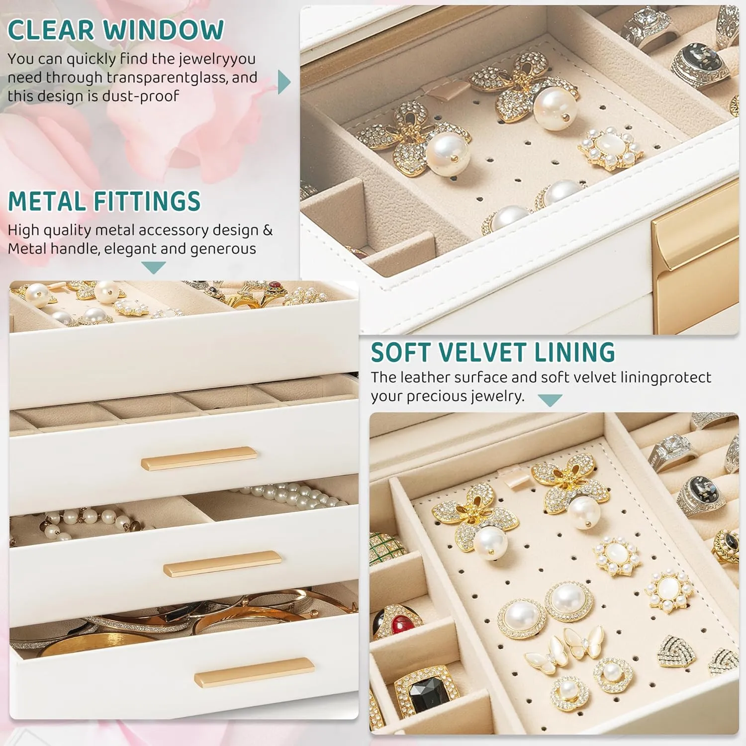 AKOZLIN 4-Tier Jewelry Box with Clear Glass Lid Functional Leather Jewelry Storage Organizer Case 3 Drawers for Women Girls Necklace Ring Bracelet Earring