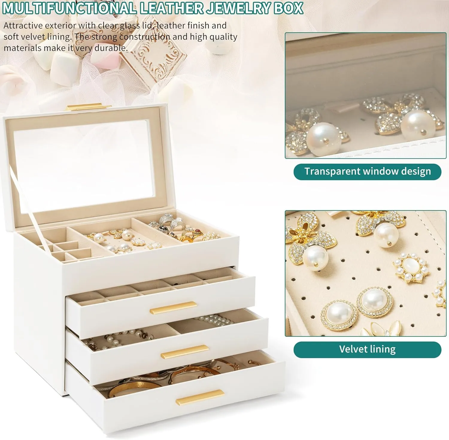 AKOZLIN 4-Tier Jewelry Box with Clear Glass Lid Functional Leather Jewelry Storage Organizer Case 3 Drawers for Women Girls Necklace Ring Bracelet Earring
