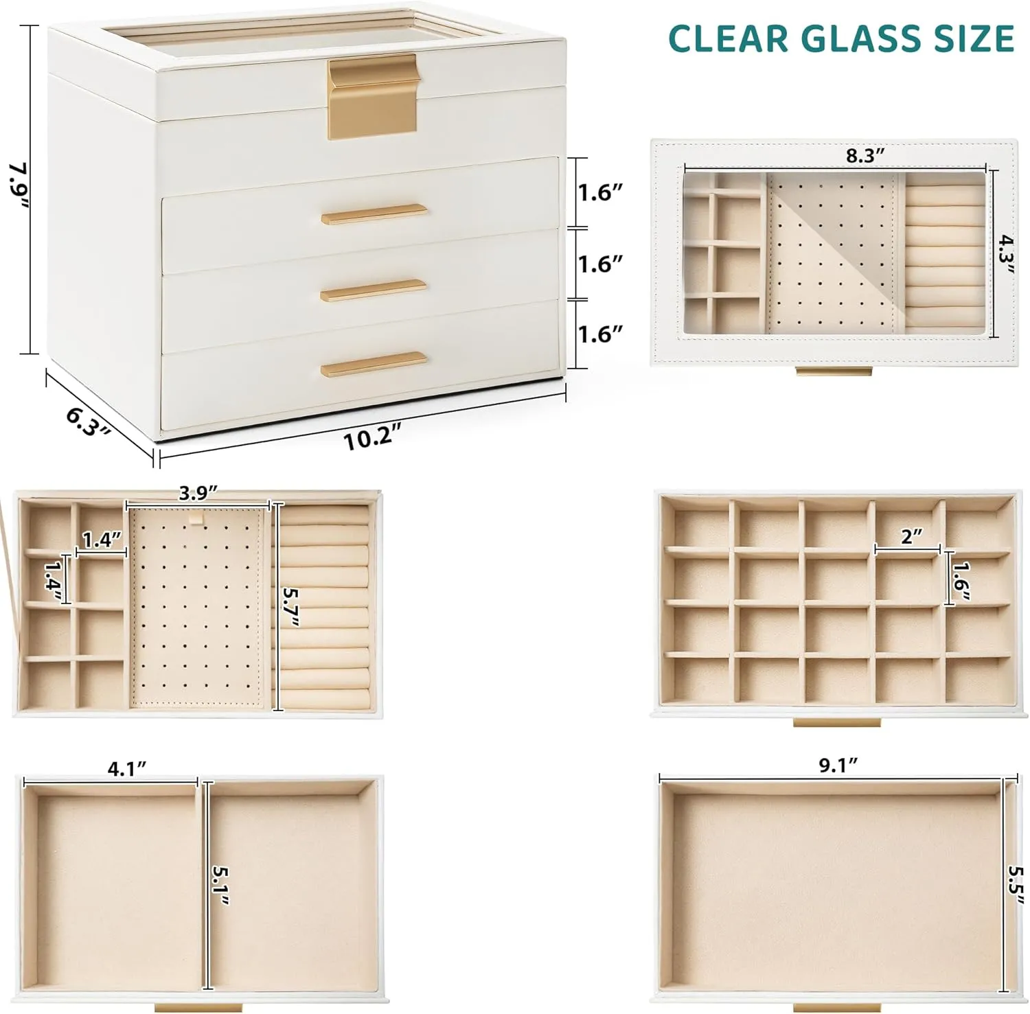 AKOZLIN 4-Tier Jewelry Box with Clear Glass Lid Functional Leather Jewelry Storage Organizer Case 3 Drawers for Women Girls Necklace Ring Bracelet Earring