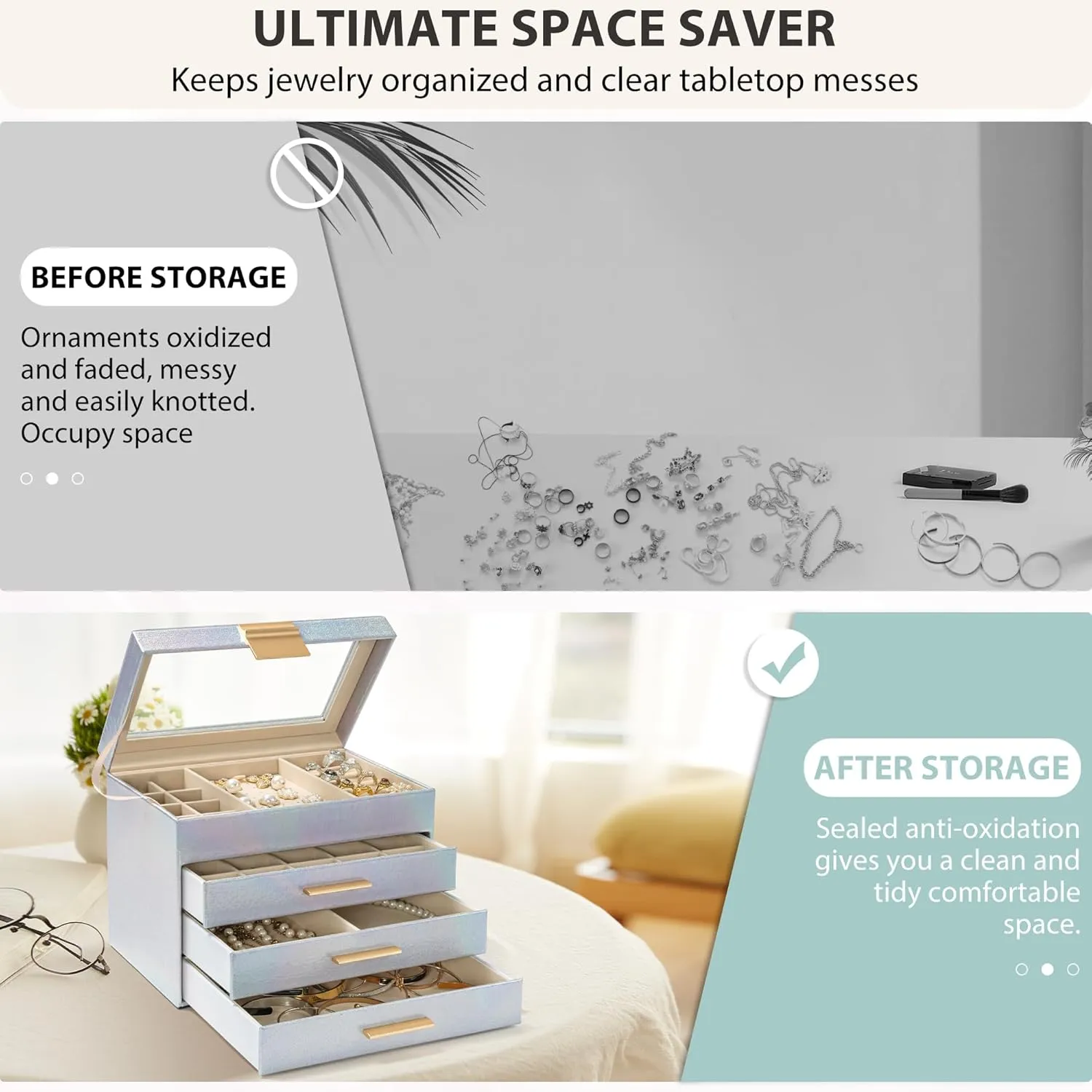 AKOZLIN 4-Tier Jewelry Box with Clear Glass Lid Functional Leather Jewelry Storage Organizer Case 3 Drawers for Women Girls Necklace Ring Bracelet Earring