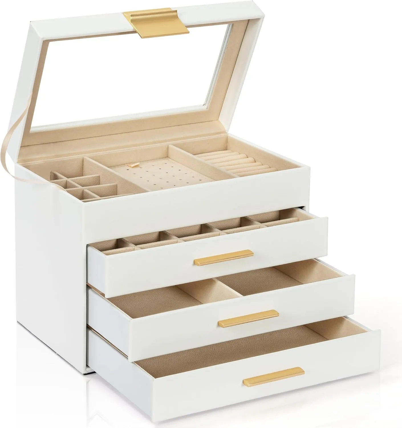 AKOZLIN 4-Tier Jewelry Box with Clear Glass Lid Functional Leather Jewelry Storage Organizer Case 3 Drawers for Women Girls Necklace Ring Bracelet Earring