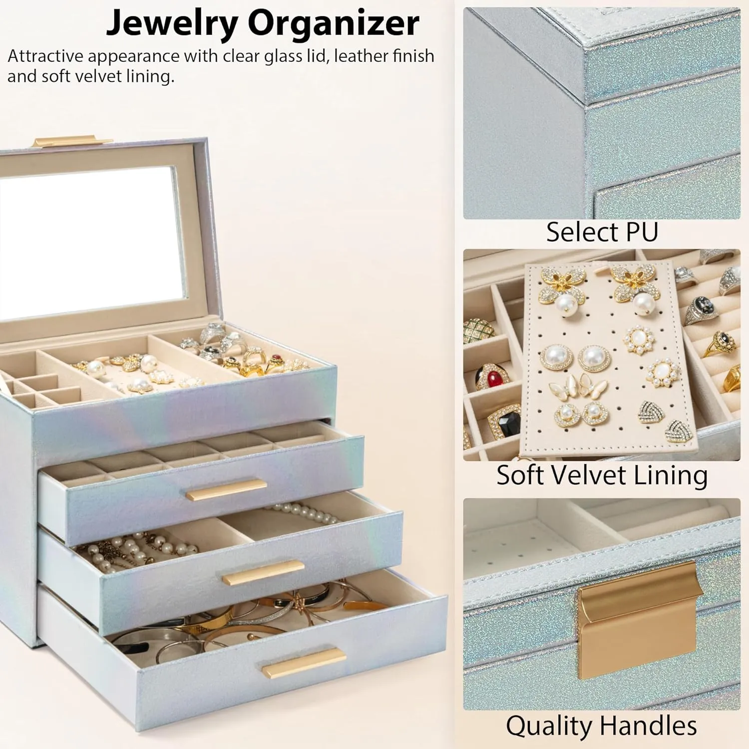 AKOZLIN 4-Tier Jewelry Box with Clear Glass Lid Functional Leather Jewelry Storage Organizer Case 3 Drawers for Women Girls Necklace Ring Bracelet Earring