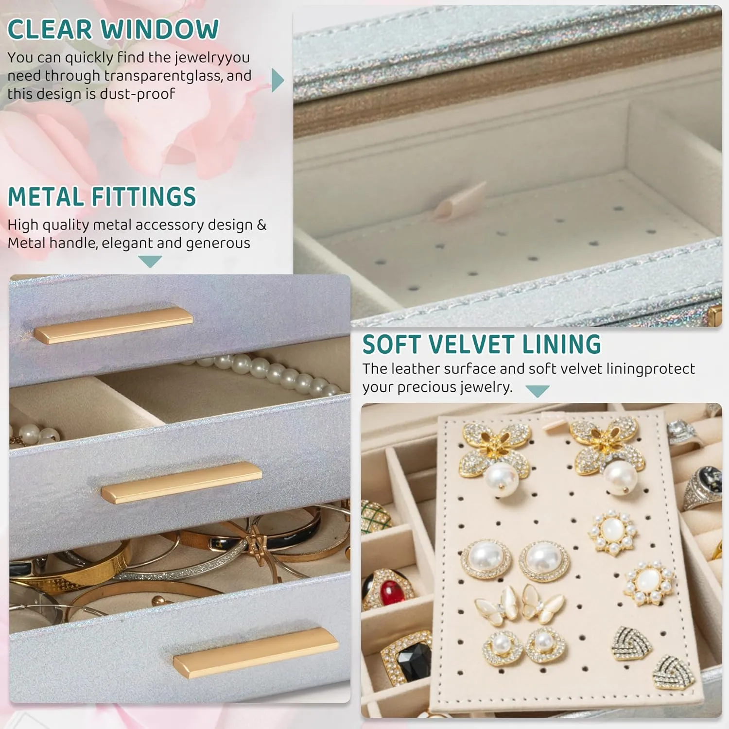 AKOZLIN 4-Tier Jewelry Box with Clear Glass Lid Functional Leather Jewelry Storage Organizer Case 3 Drawers for Women Girls Necklace Ring Bracelet Earring