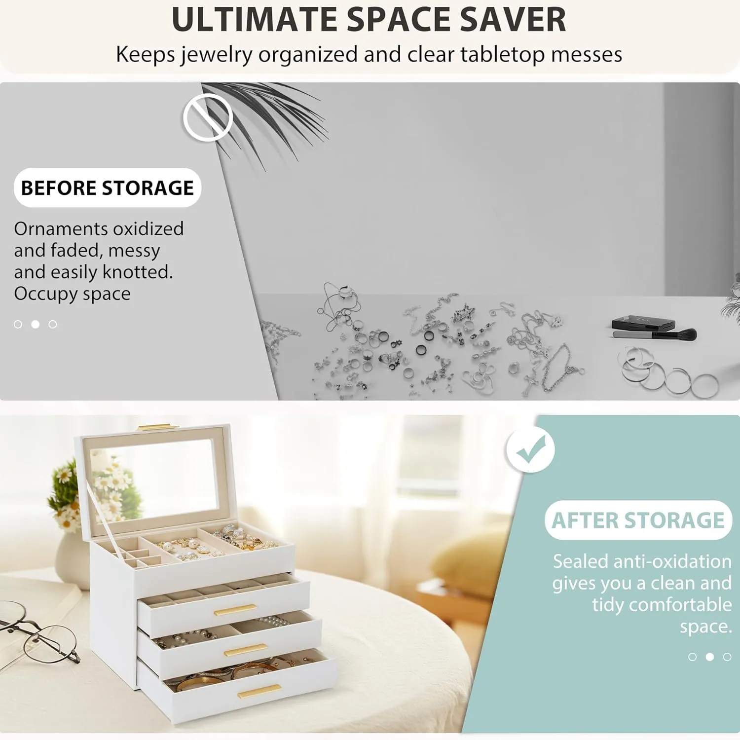 AKOZLIN 4-Tier Jewelry Box with Clear Glass Lid Functional Leather Jewelry Storage Organizer Case 3 Drawers for Women Girls Necklace Ring Bracelet Earring