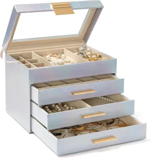 AKOZLIN 4-Tier Jewelry Box with Clear Glass Lid Functional Leather Jewelry Storage Organizer Case 3 Drawers for Women Girls Necklace Ring Bracelet Earring