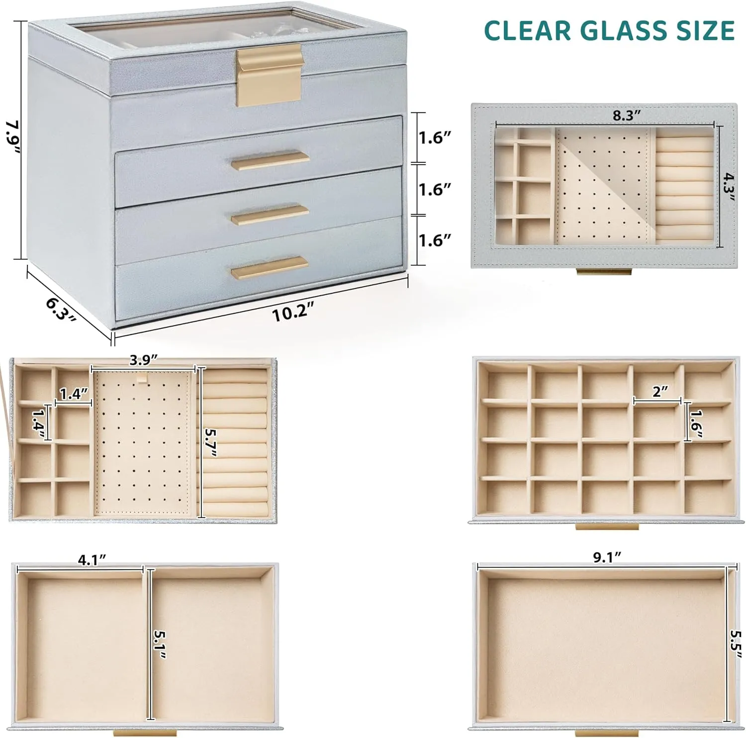 AKOZLIN 4-Tier Jewelry Box with Clear Glass Lid Functional Leather Jewelry Storage Organizer Case 3 Drawers for Women Girls Necklace Ring Bracelet Earring