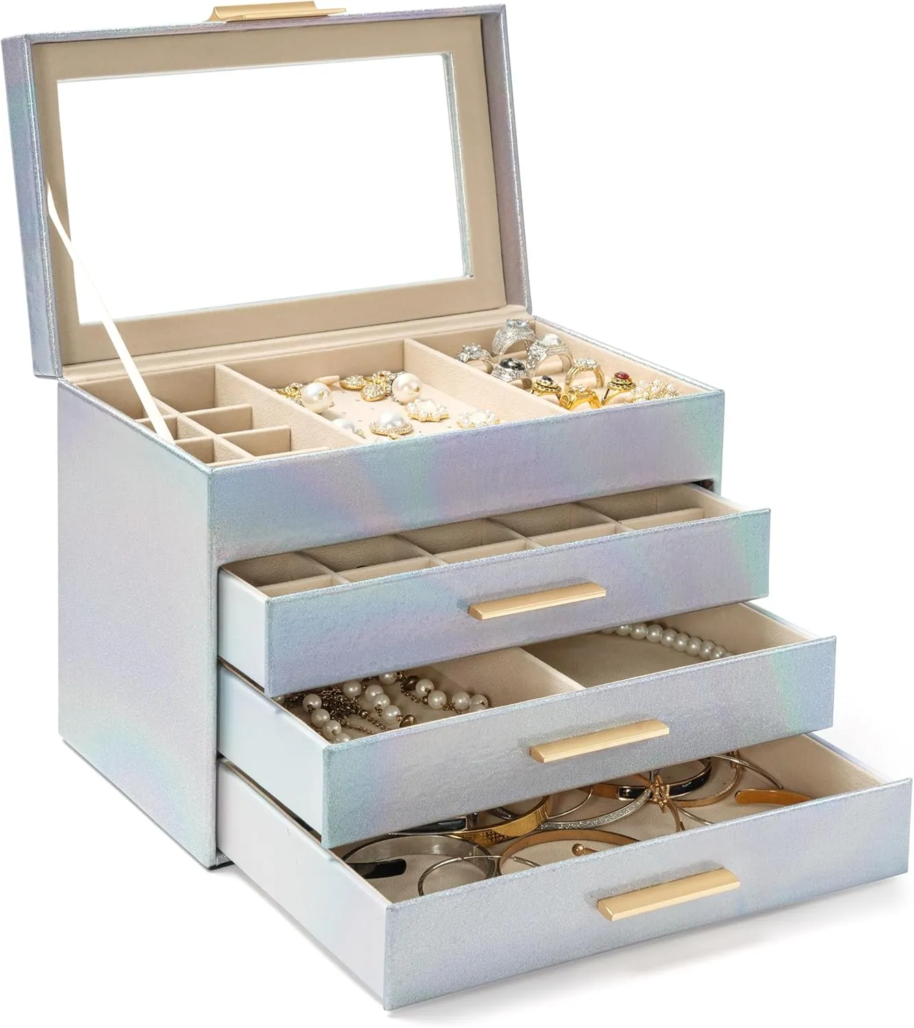 AKOZLIN 4-Tier Jewelry Box with Clear Glass Lid Functional Leather Jewelry Storage Organizer Case 3 Drawers for Women Girls Necklace Ring Bracelet Earring