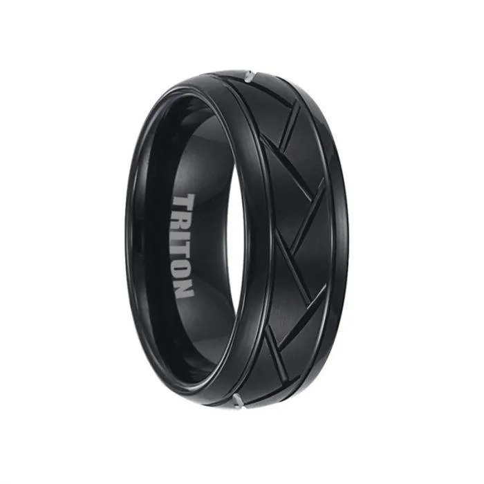 ALDRICH Black Tungsten Ring with Alternating Diagonal Cuts and Brushed Finished Center by Triton Rings - 8mm