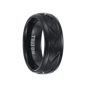 ALDRICH Black Tungsten Ring with Alternating Diagonal Cuts and Brushed Finished Center by Triton Rings - 8mm