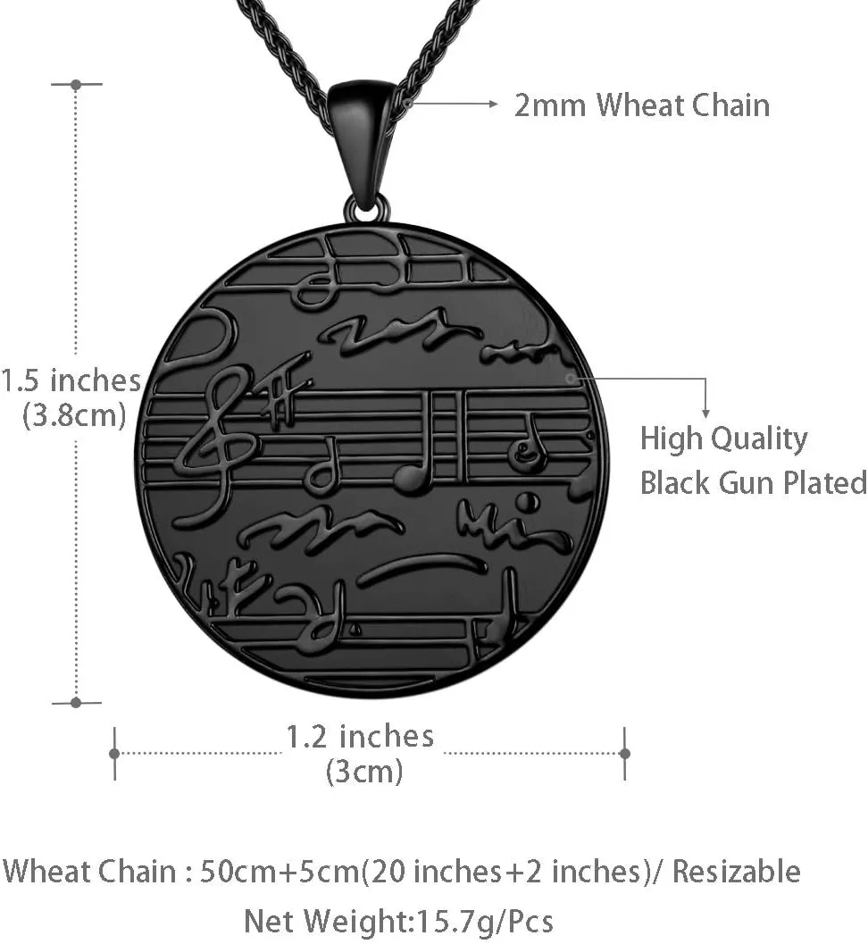 beautlace Round Coin Musical Note Necklaces 18K Gold/Silver/Black Gun Plated Treble Clef Music Note Staves Jewelry for Men and Women