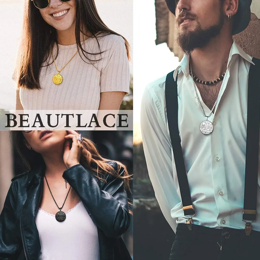 beautlace Round Coin Musical Note Necklaces 18K Gold/Silver/Black Gun Plated Treble Clef Music Note Staves Jewelry for Men and Women