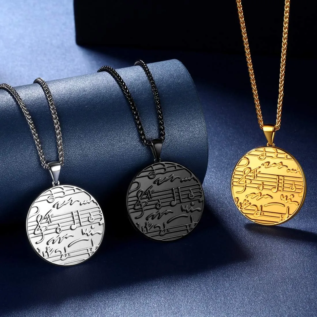 beautlace Round Coin Musical Note Necklaces 18K Gold/Silver/Black Gun Plated Treble Clef Music Note Staves Jewelry for Men and Women