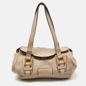 Beige Leather Buckle Flap Satchel