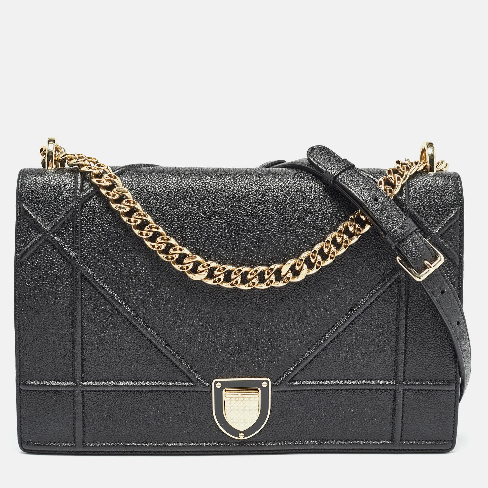 Black Leather Large Diorama Flap Shoulder Bag