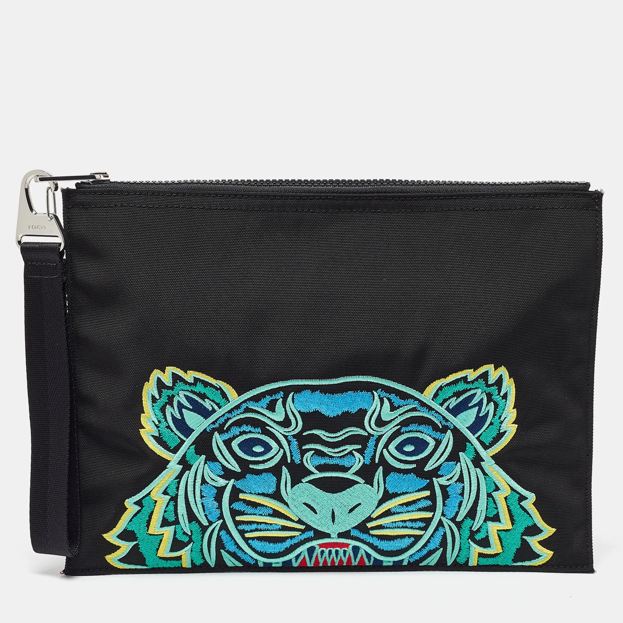 Black Tiger Embroidered Leather Zip Flat Pouch