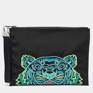 Black Tiger Embroidered Leather Zip Flat Pouch