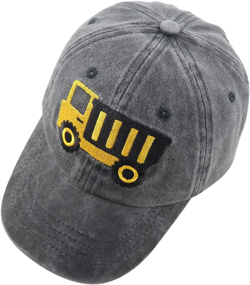 Construction Site Vehicles Hats for Boys Girls Age 3-10Adjustable Vintage Embroidered Kids Baseball Cap