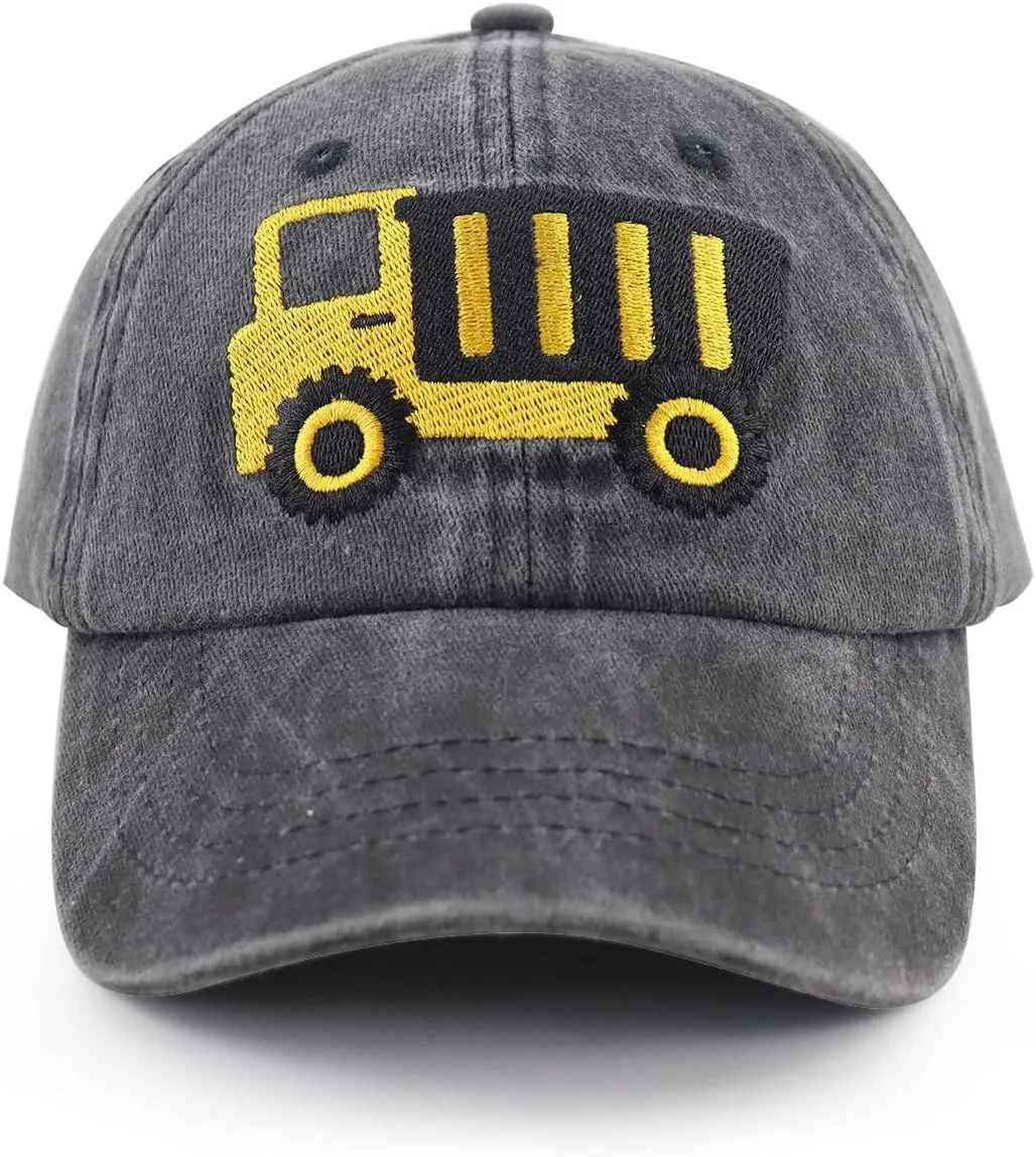 Construction Site Vehicles Hats for Boys Girls Age 3-10Adjustable Vintage Embroidered Kids Baseball Cap