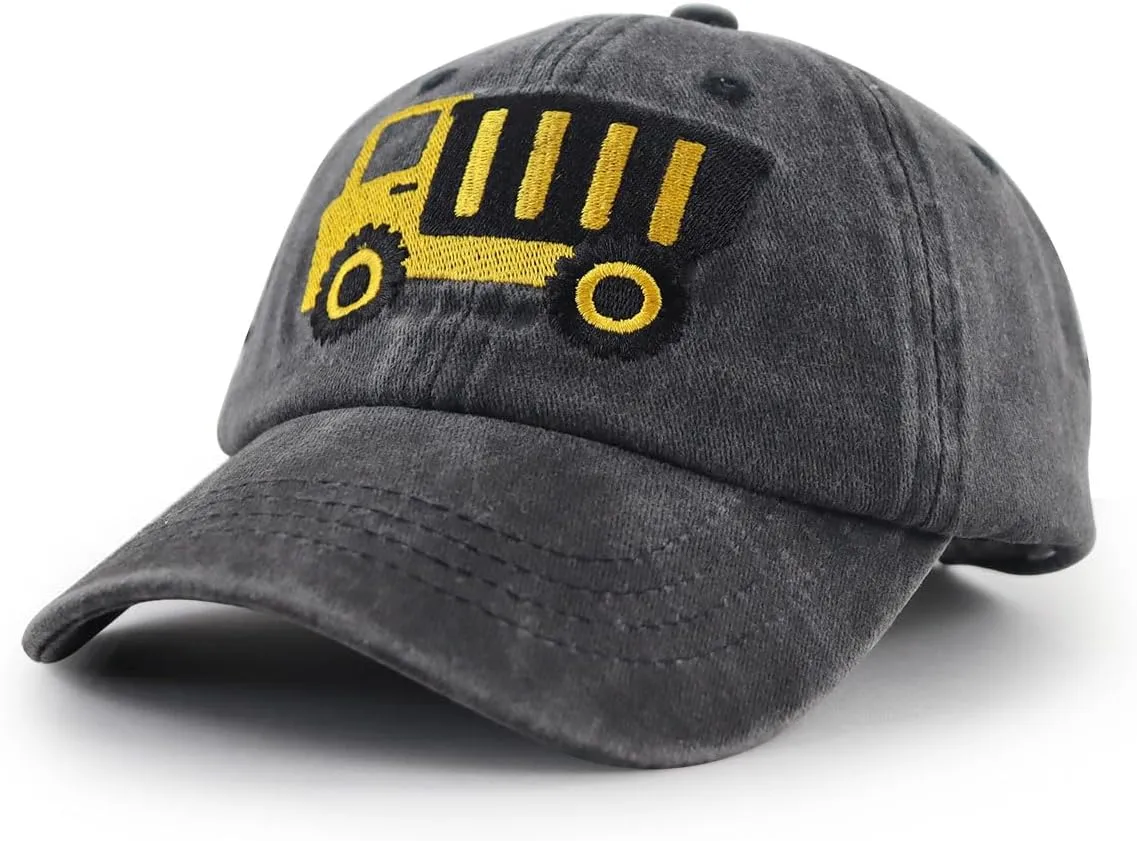 Construction Site Vehicles Hats for Boys Girls Age 3-10Adjustable Vintage Embroidered Kids Baseball Cap