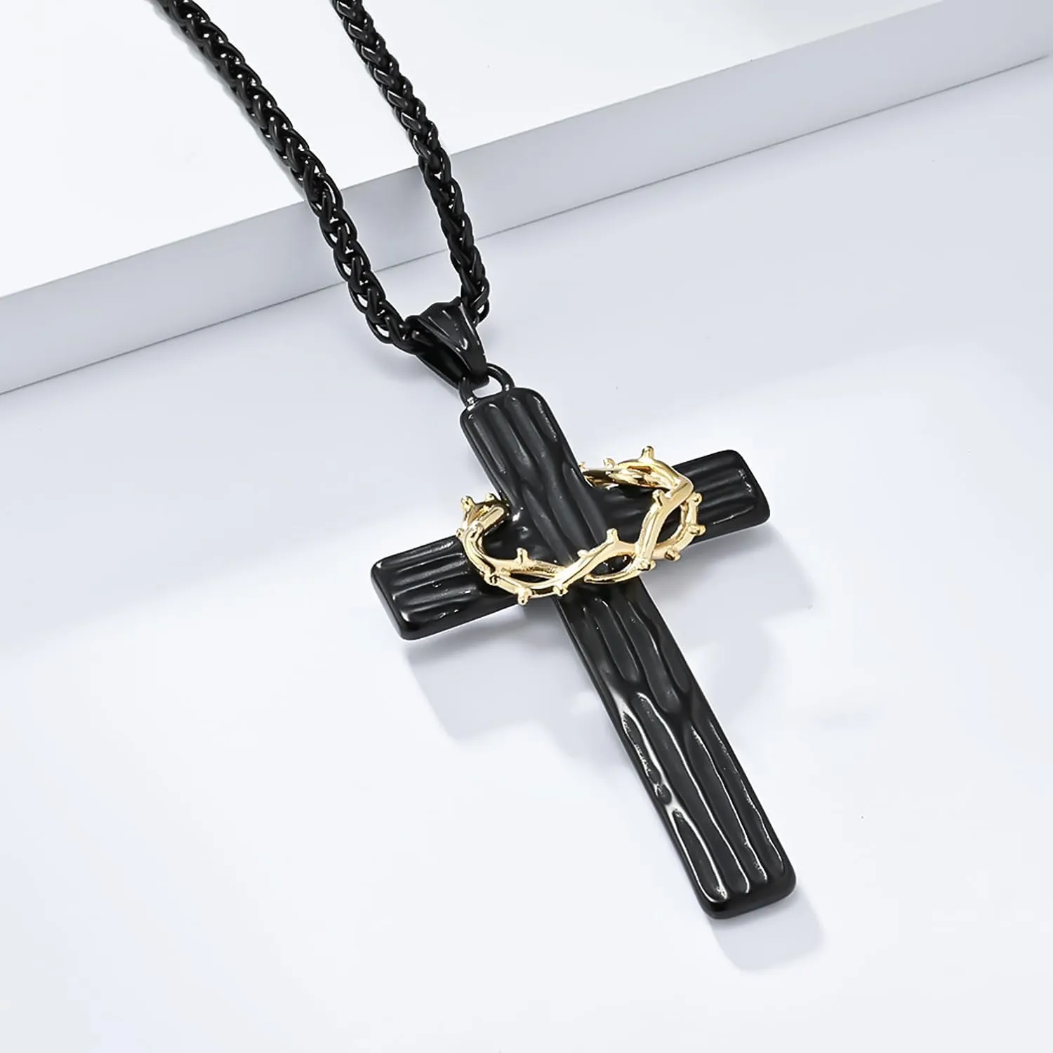 Cross Necklace for Men,Stainless Steel Black Gold Silver Jesus Christ Crucifix Pendant Necklaces Meaningful Religious Jewelry??60cm Rolo Chain