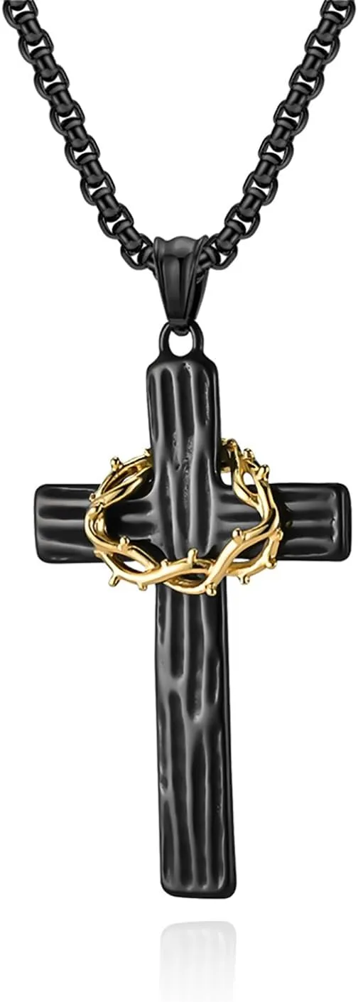 Cross Necklace for Men,Stainless Steel Black Gold Silver Jesus Christ Crucifix Pendant Necklaces Meaningful Religious Jewelry??60cm Rolo Chain