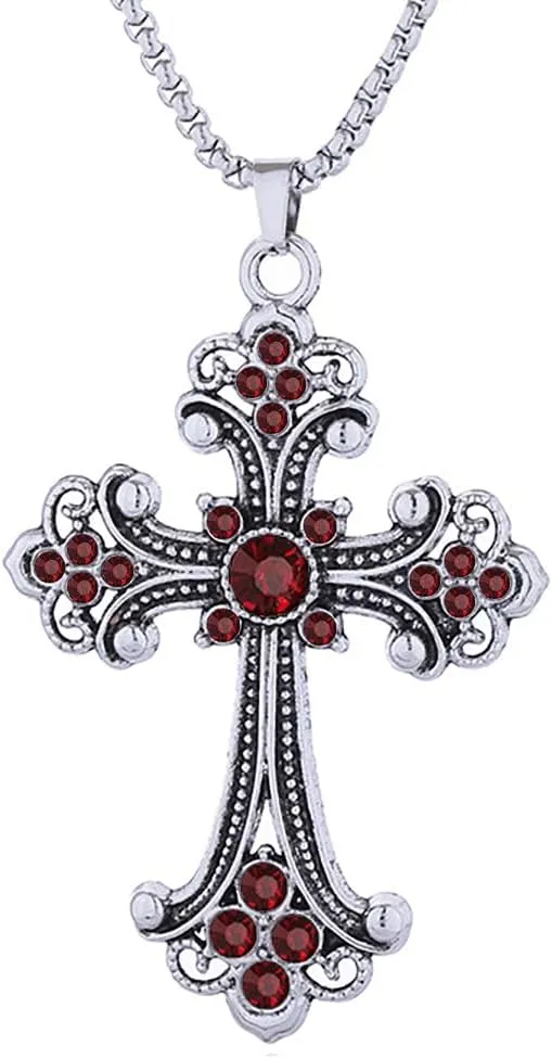 Cross Necklace for Women Men Baroque Rhinestone Cross Pendant Necklace Vintage Titanium Steel Cross Pendant Necklace Christmas Halloween Birthday Party Costume Jewelry