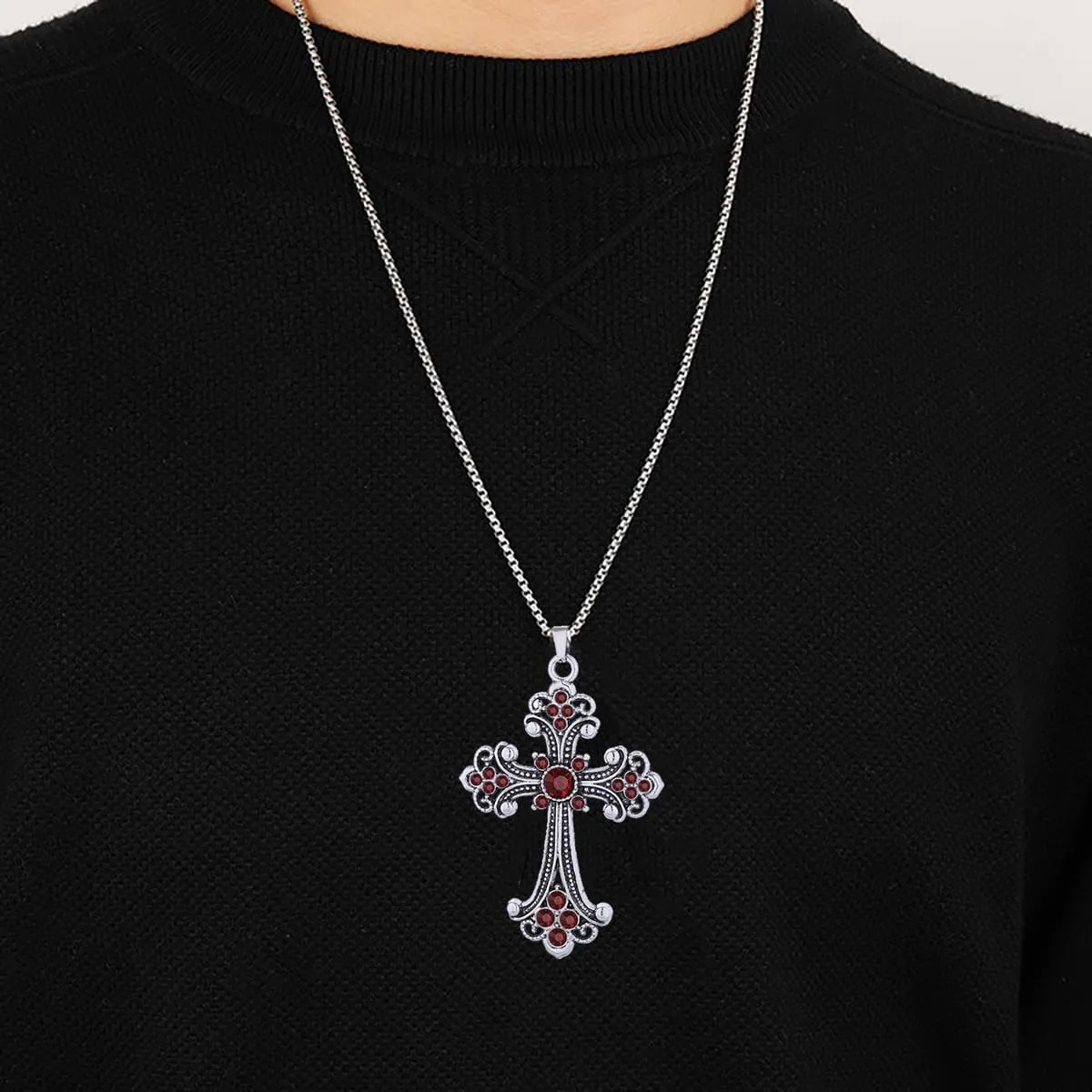 Cross Necklace for Women Men Baroque Rhinestone Cross Pendant Necklace Vintage Titanium Steel Cross Pendant Necklace Christmas Halloween Birthday Party Costume Jewelry