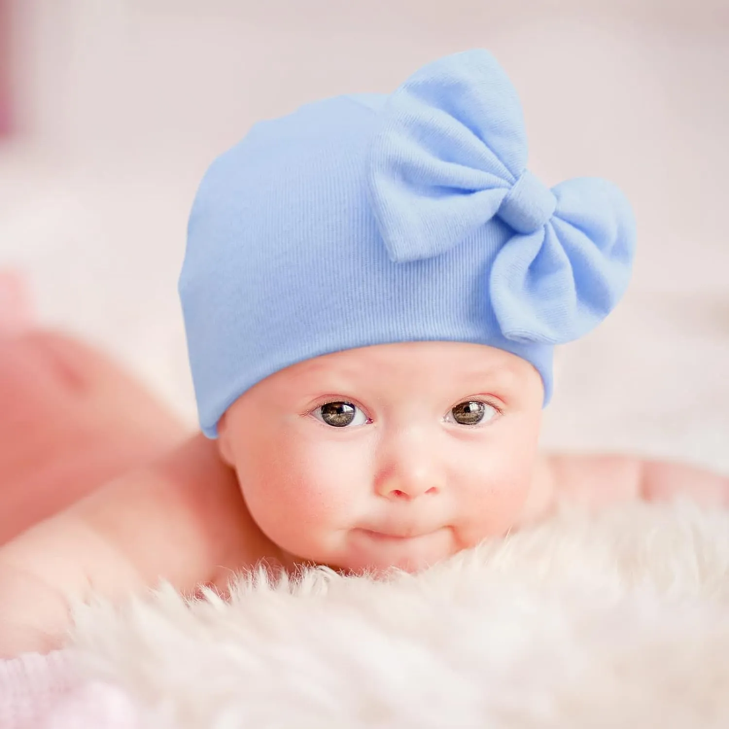 DRESHOW BQUBO Newborn Baby Girls Hats Hospital Hat Baby Cotton Beanie Infant Big Bow Hats for 0-24 Months