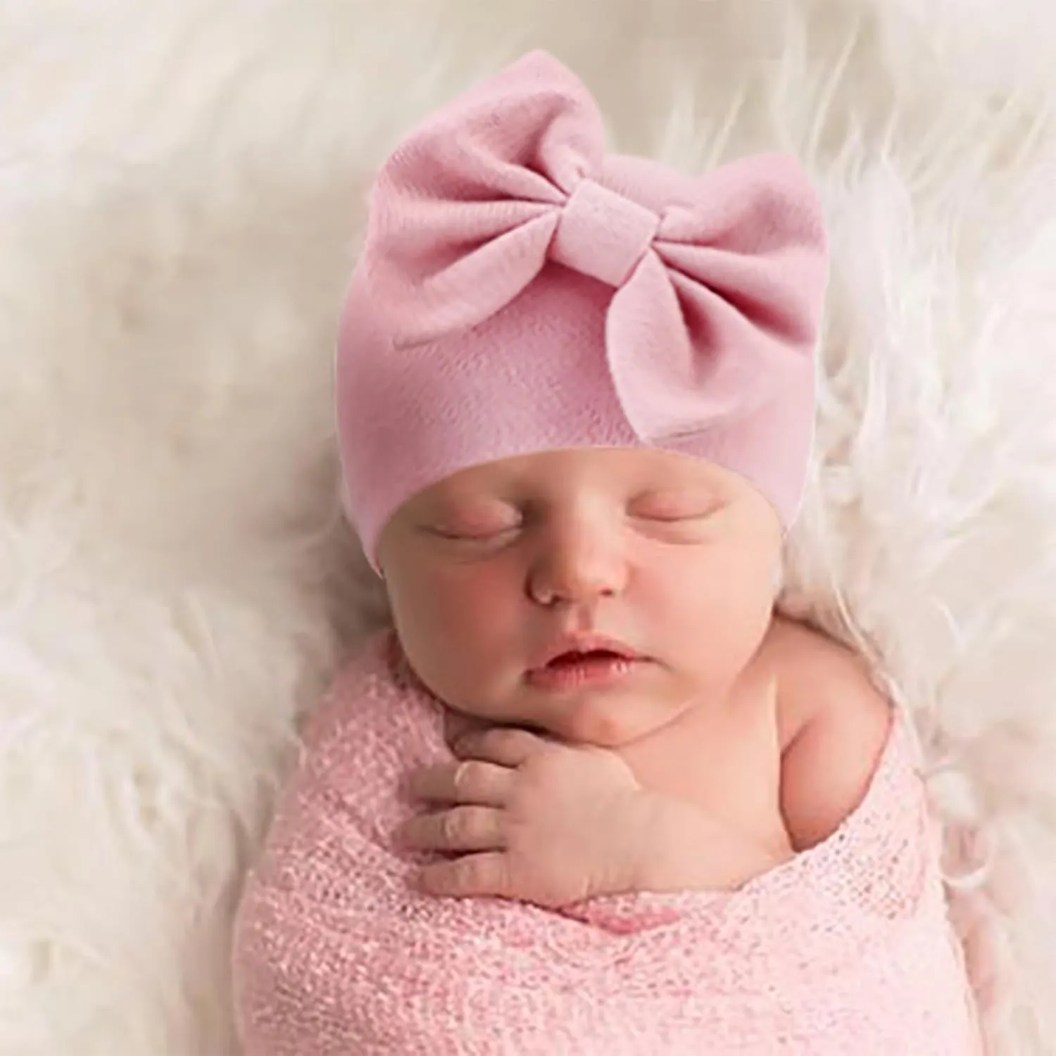 DRESHOW BQUBO Newborn Baby Girls Hats Hospital Hat Baby Cotton Beanie Infant Big Bow Hats for 0-24 Months