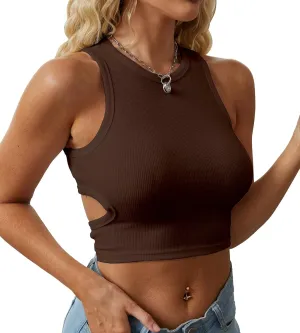 Dwnval Womens Summer Halter Tops Cutout Sleeveless Crewneck Racerback Ribbed Knitted Crop Tank Top