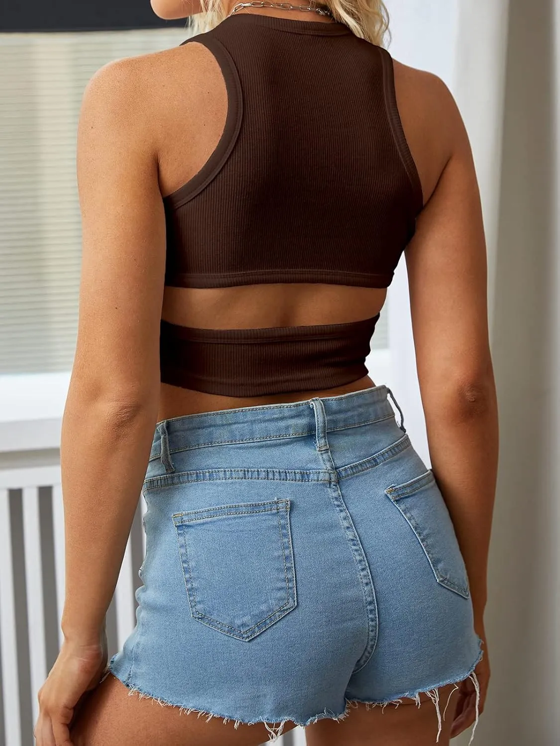 Dwnval Womens Summer Halter Tops Cutout Sleeveless Crewneck Racerback Ribbed Knitted Crop Tank Top