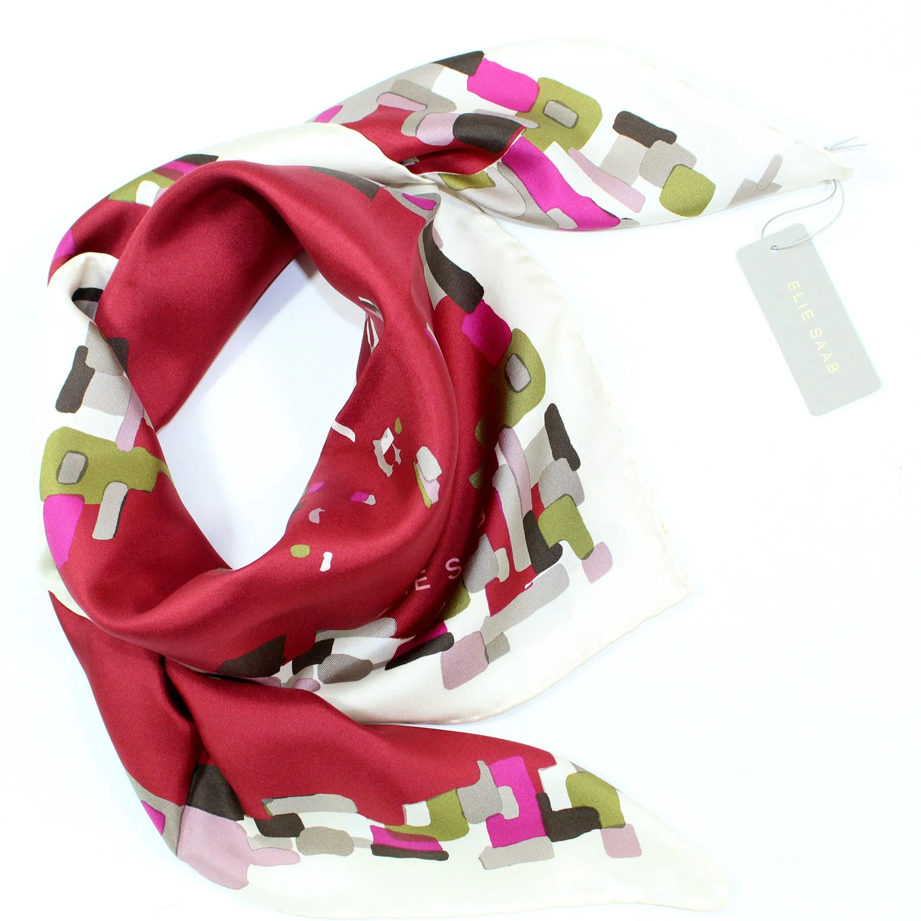 Elie Saab Scarf Maroon Olive Mauve Design - Twill Silk Square Foulard SALE