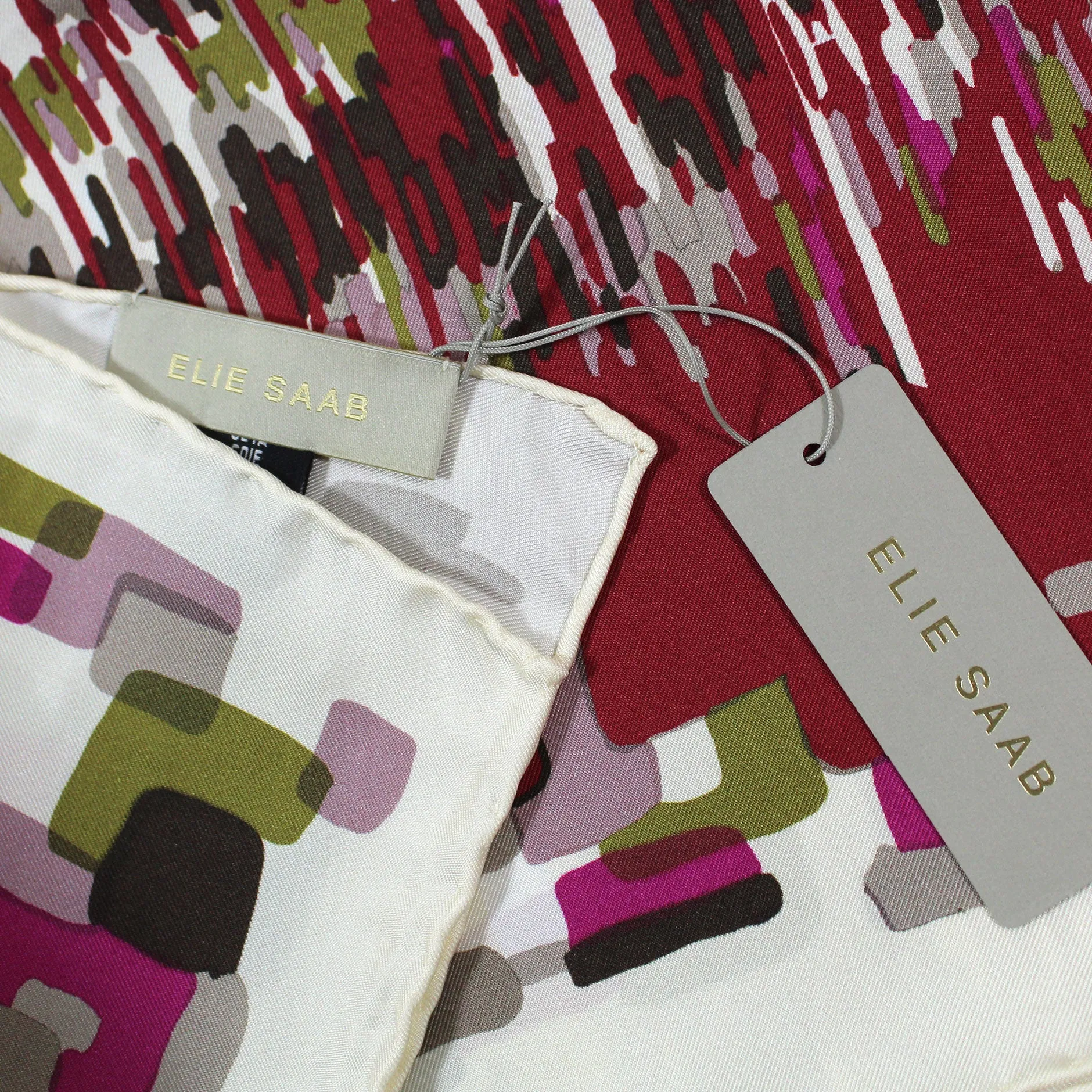 Elie Saab Scarf Maroon Olive Mauve Design - Twill Silk Square Foulard SALE