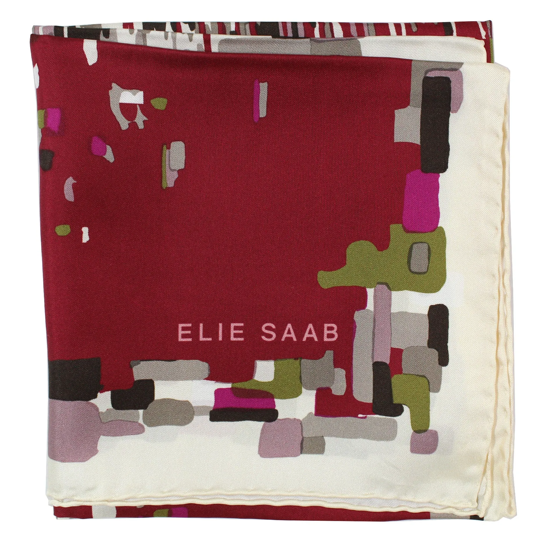 Elie Saab Scarf Maroon Olive Mauve Design - Twill Silk Square Foulard SALE