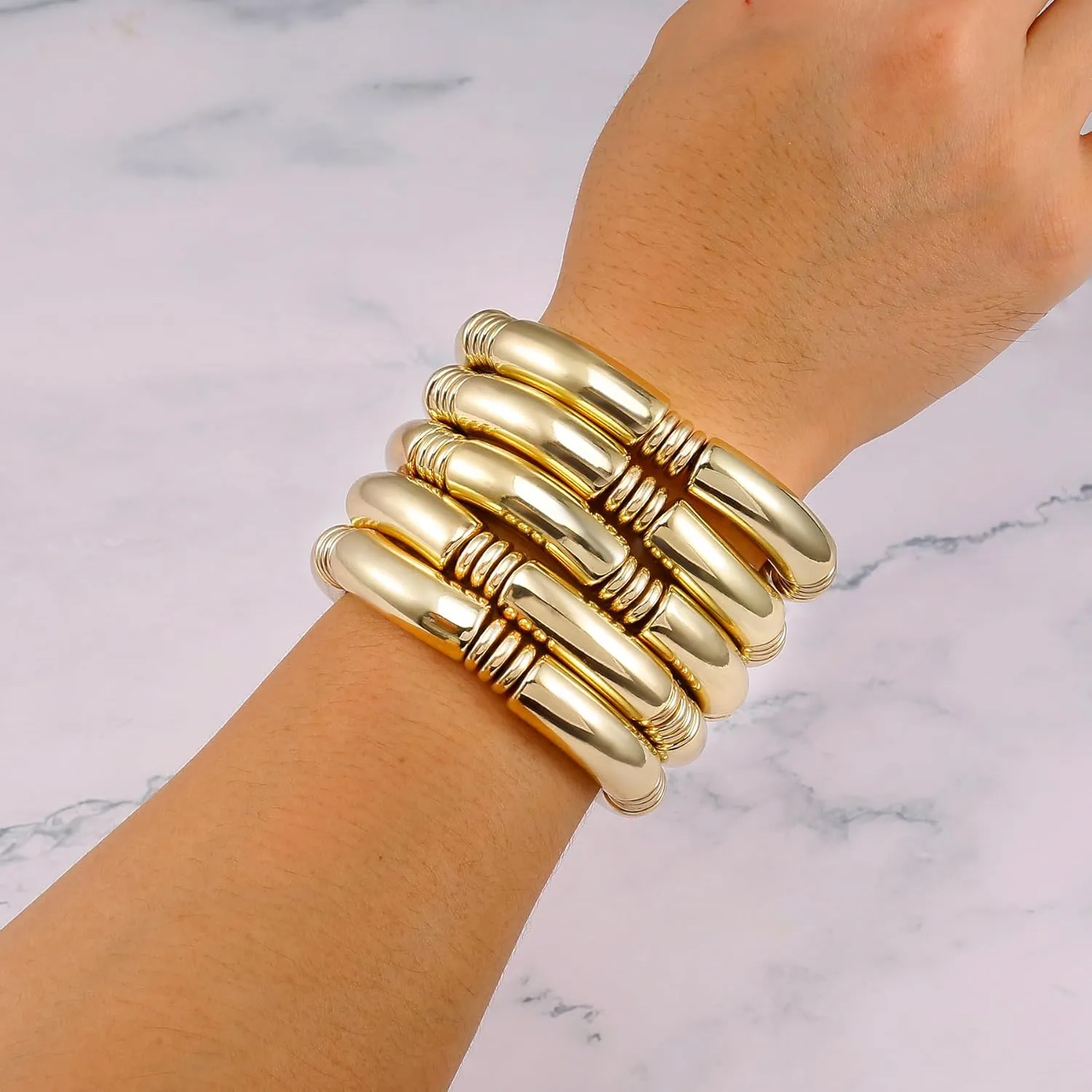 Gold Chunky Bangles Bracelets For Women 14k Gold Plated Stack Layered Curved Bamboo Tube Stretch Bracelets Gift Jewelry