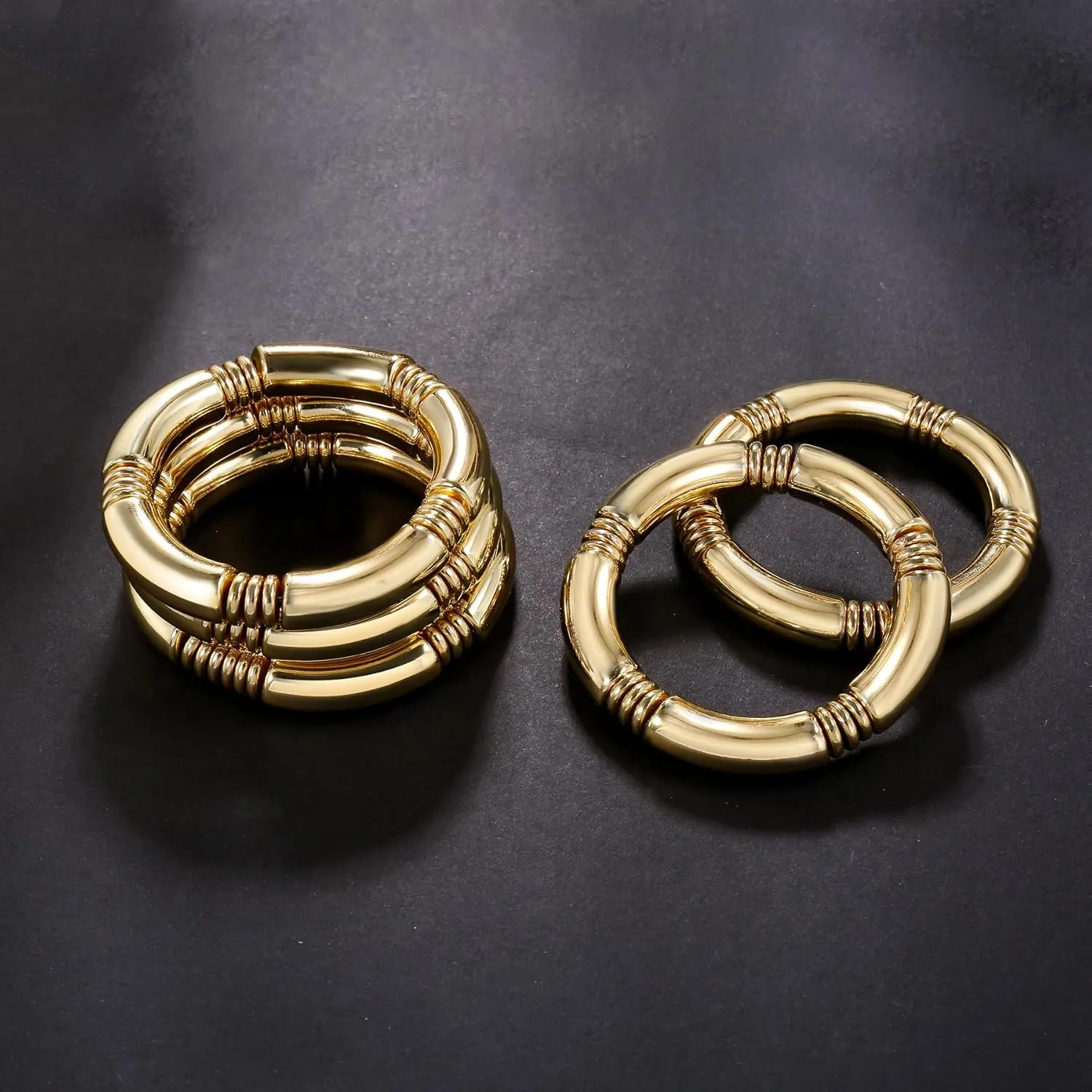 Gold Chunky Bangles Bracelets For Women 14k Gold Plated Stack Layered Curved Bamboo Tube Stretch Bracelets Gift Jewelry